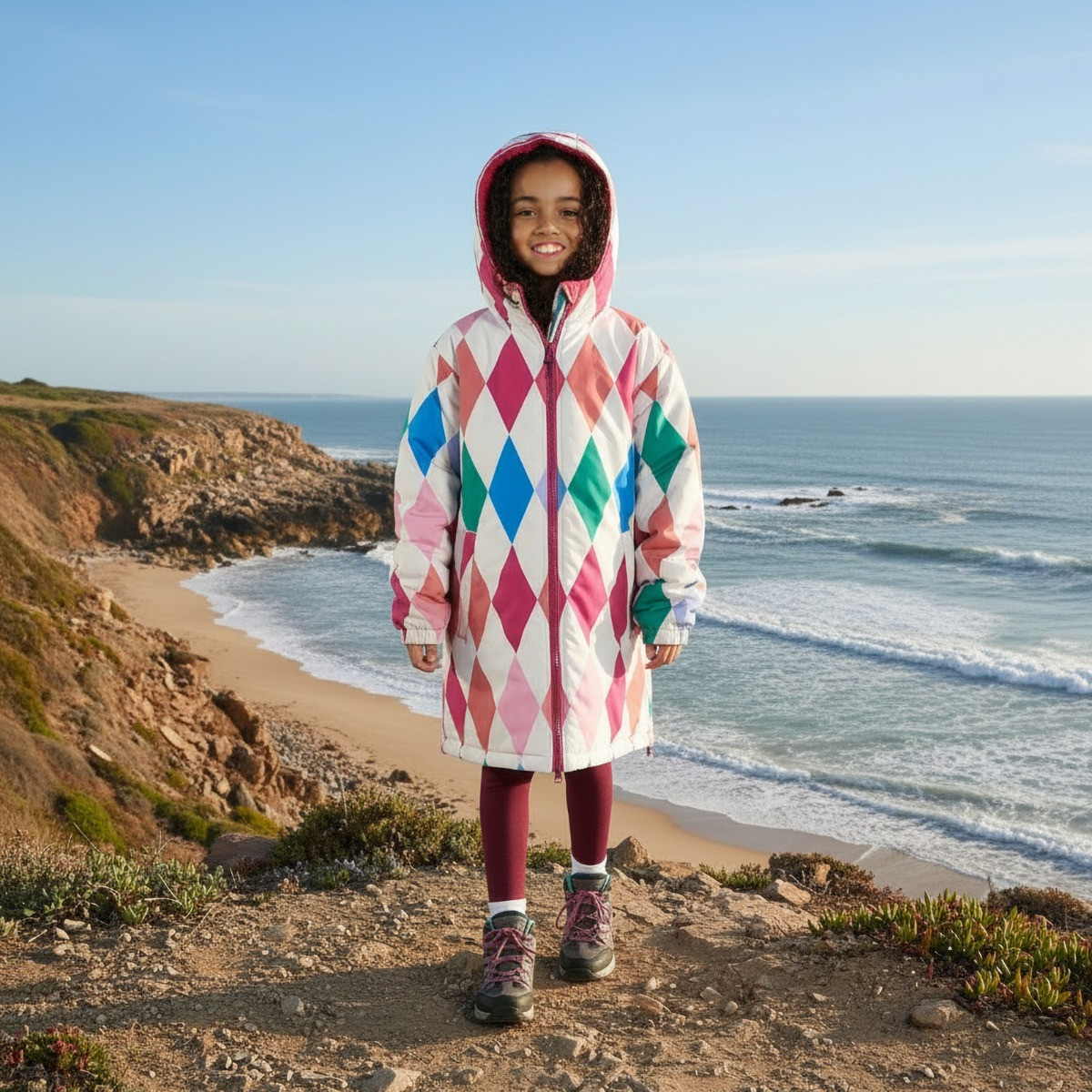OHS Kids Water Resistant Harlequin Print Sherpa Drying Robe, Multi - Small/Medium>