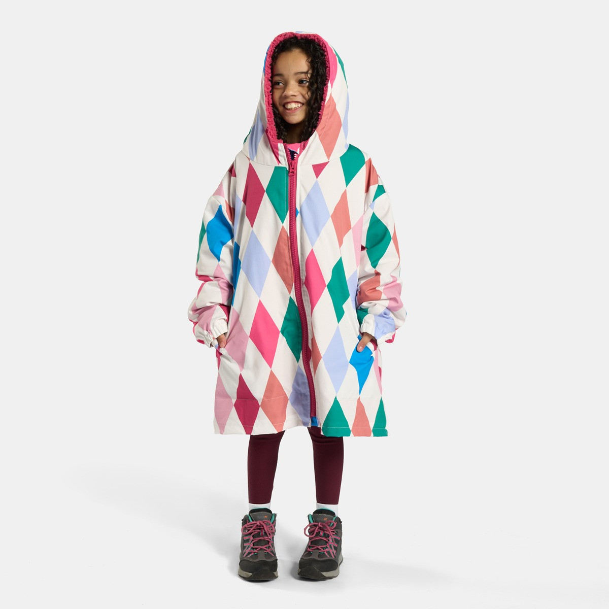 OHS Kids Water Resistant Harlequin Print Sherpa Drying Robe, Multi - Small/Medium>