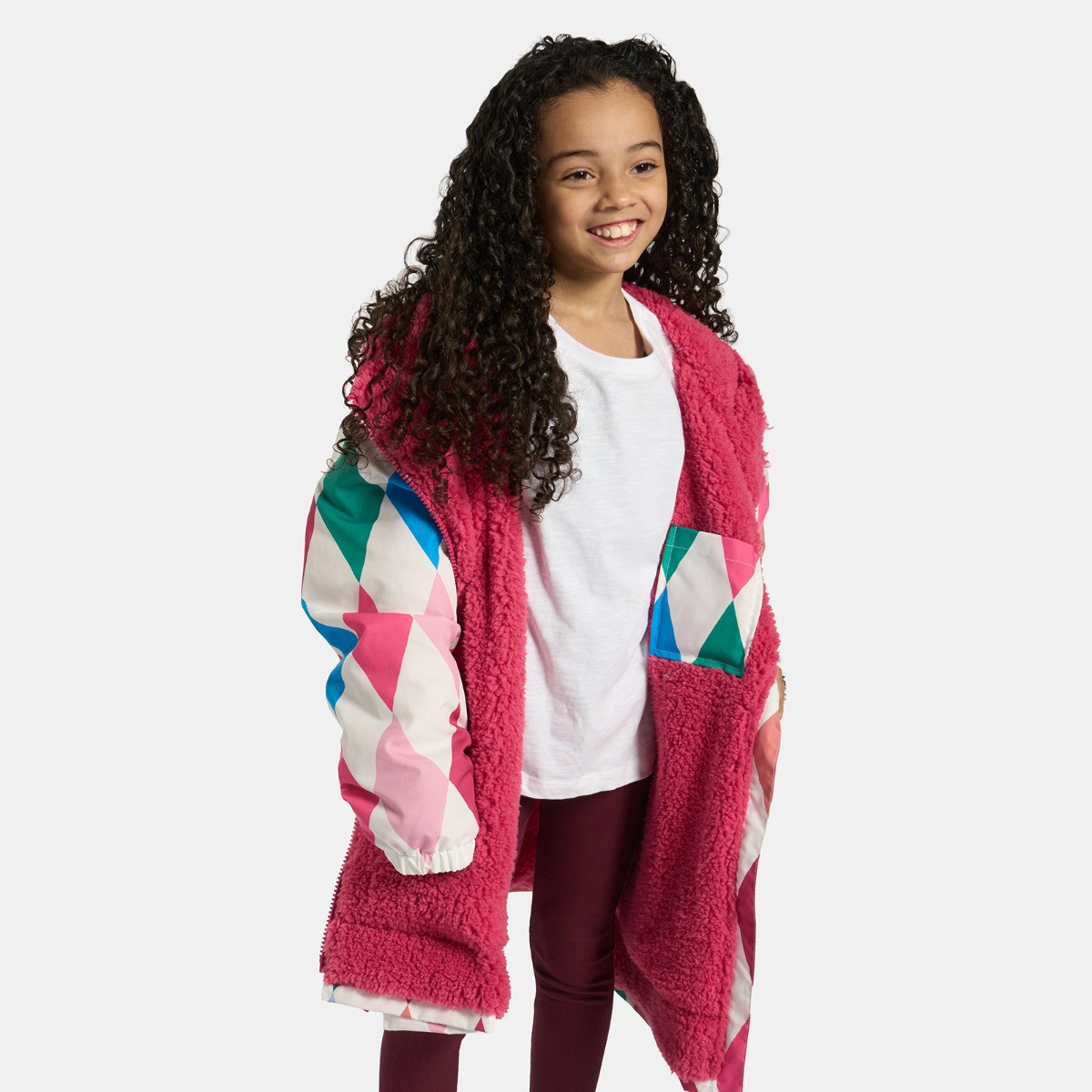 OHS Kids Water Resistant Harlequin Print Sherpa Drying Robe, Multi - Small/Medium>