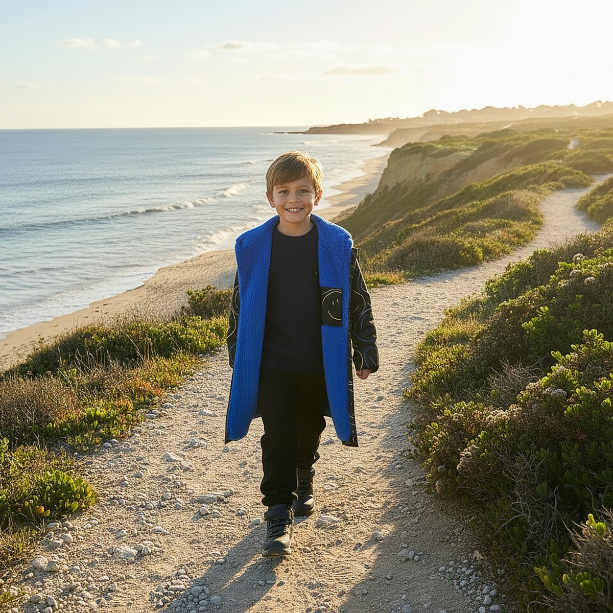 OHS Kids Water Resistant Neon Smiley Print Sherpa Drying Robe - Black>