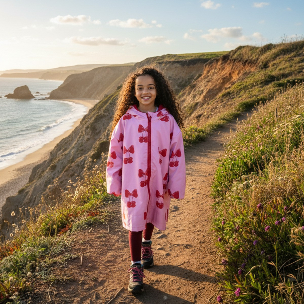 OHS Kids Water Resistant Cherry Bow Print Sherpa Drying Robe, Pink/Red - Large/Extra Large>