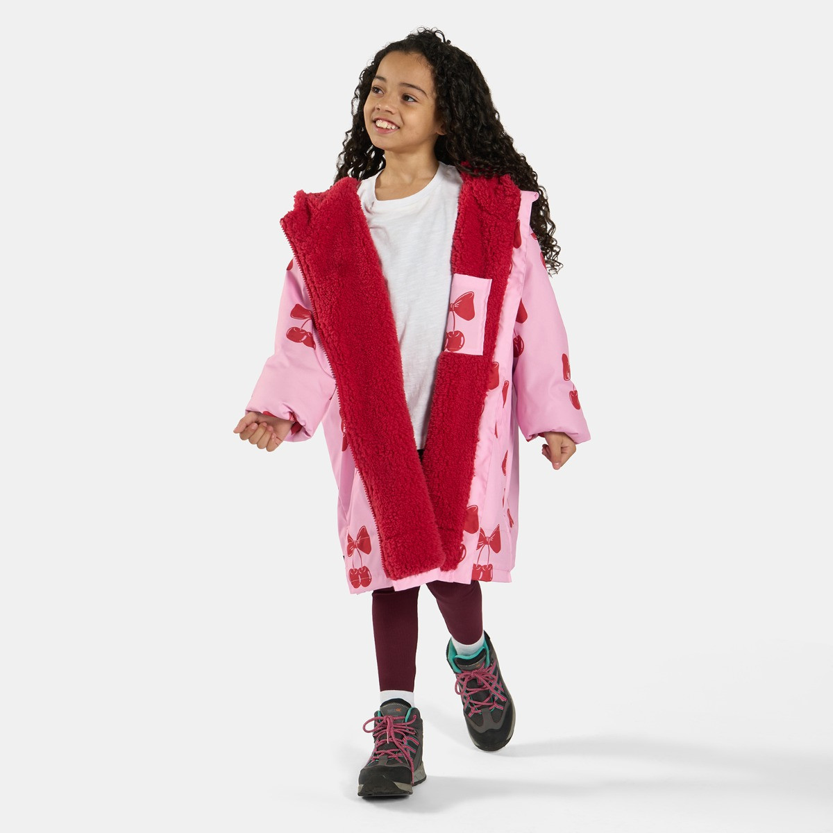 OHS Kids Water Resistant Cherry Bow Print Sherpa Drying Robe, Pink/Red - Large/Extra Large>