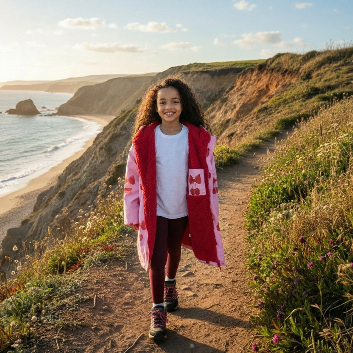 OHS Kids Water Resistant Cherry Bow Print Sherpa Drying Robe, Pink/Red - Large/Extra Large>