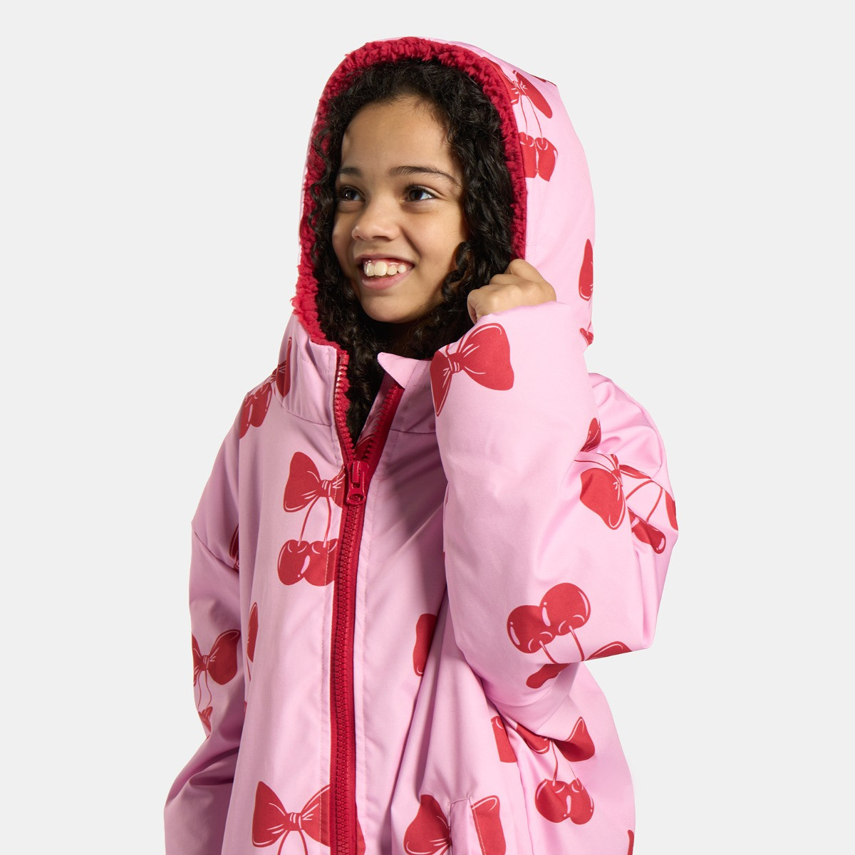 OHS Kids Water Resistant Cherry Bow Print Sherpa Drying Robe, Pink/Red - Large/Extra Large>
