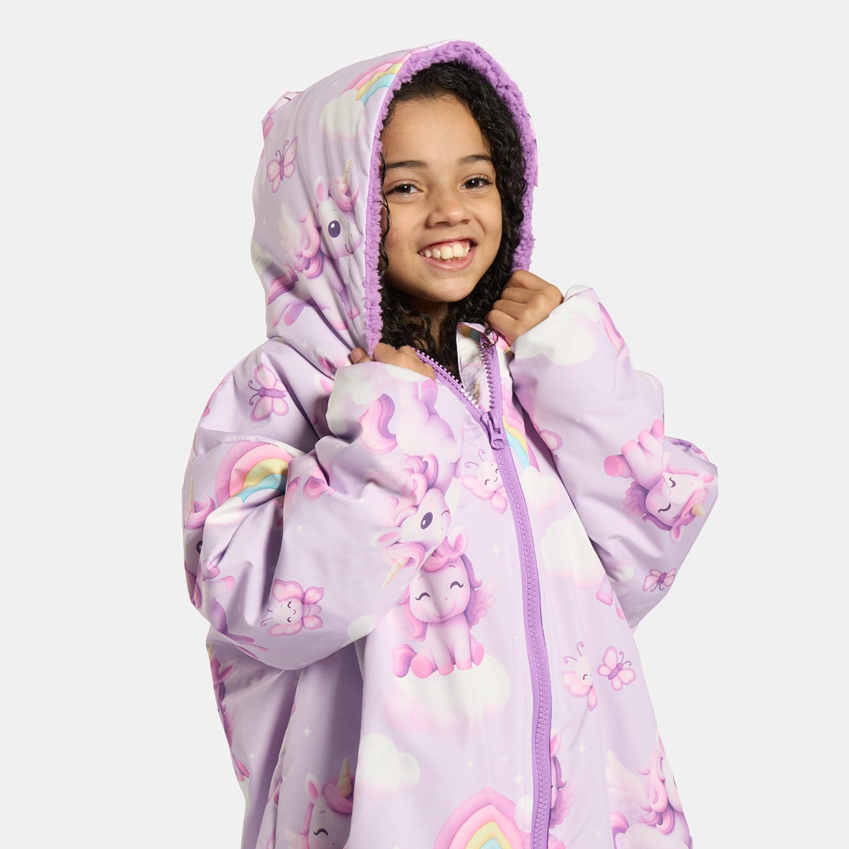 OHS Kids Water Resistant Unicorn Print Sherpa Drying Robe, Lilac - Large/Extra Large>