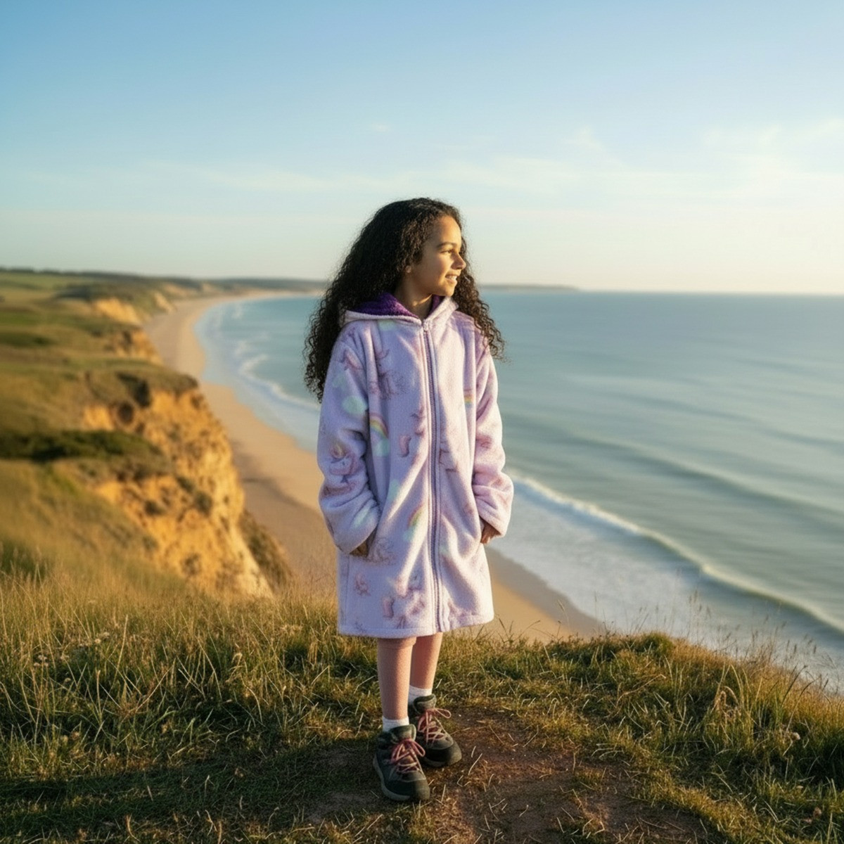 OHS Kids Water Resistant Unicorn Print Sherpa Drying Robe, Lilac - Large/Extra Large>