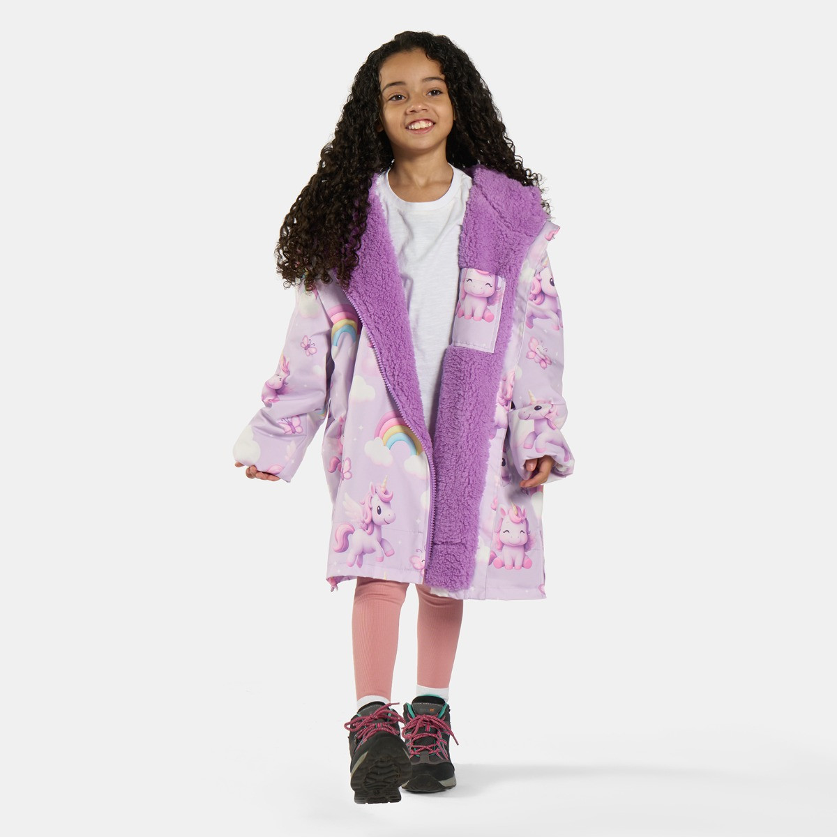 OHS Kids Water Resistant Unicorn Print Sherpa Drying Robe, Lilac - Large/Extra Large>