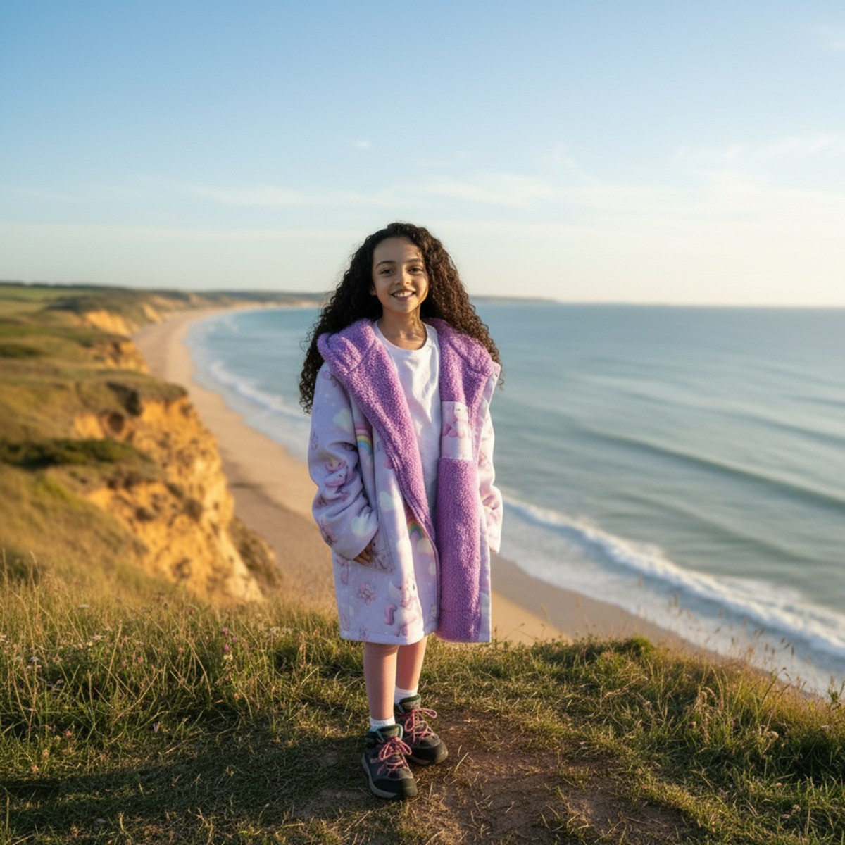 OHS Kids Water Resistant Unicorn Print Sherpa Drying Robe - Lilac>