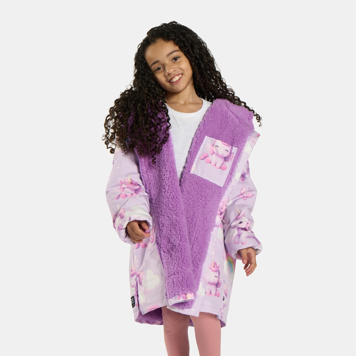 OHS Kids Water Resistant Unicorn Print Sherpa Drying Robe, Lilac - Large/Extra Large>