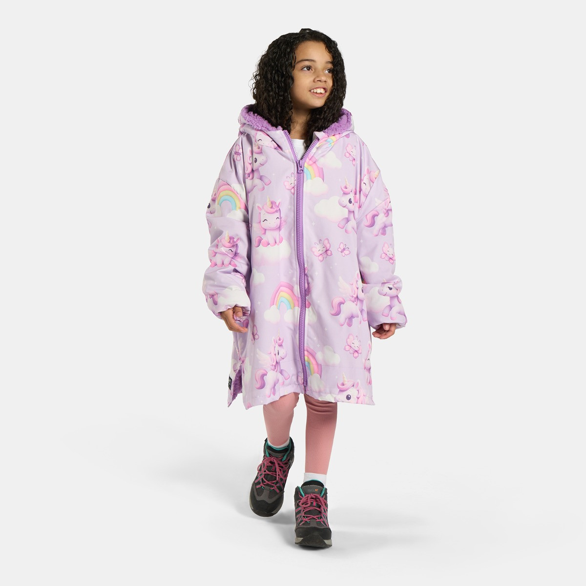 OHS Kids Water Resistant Unicorn Print Sherpa Drying Robe, Lilac - Large/Extra Large>