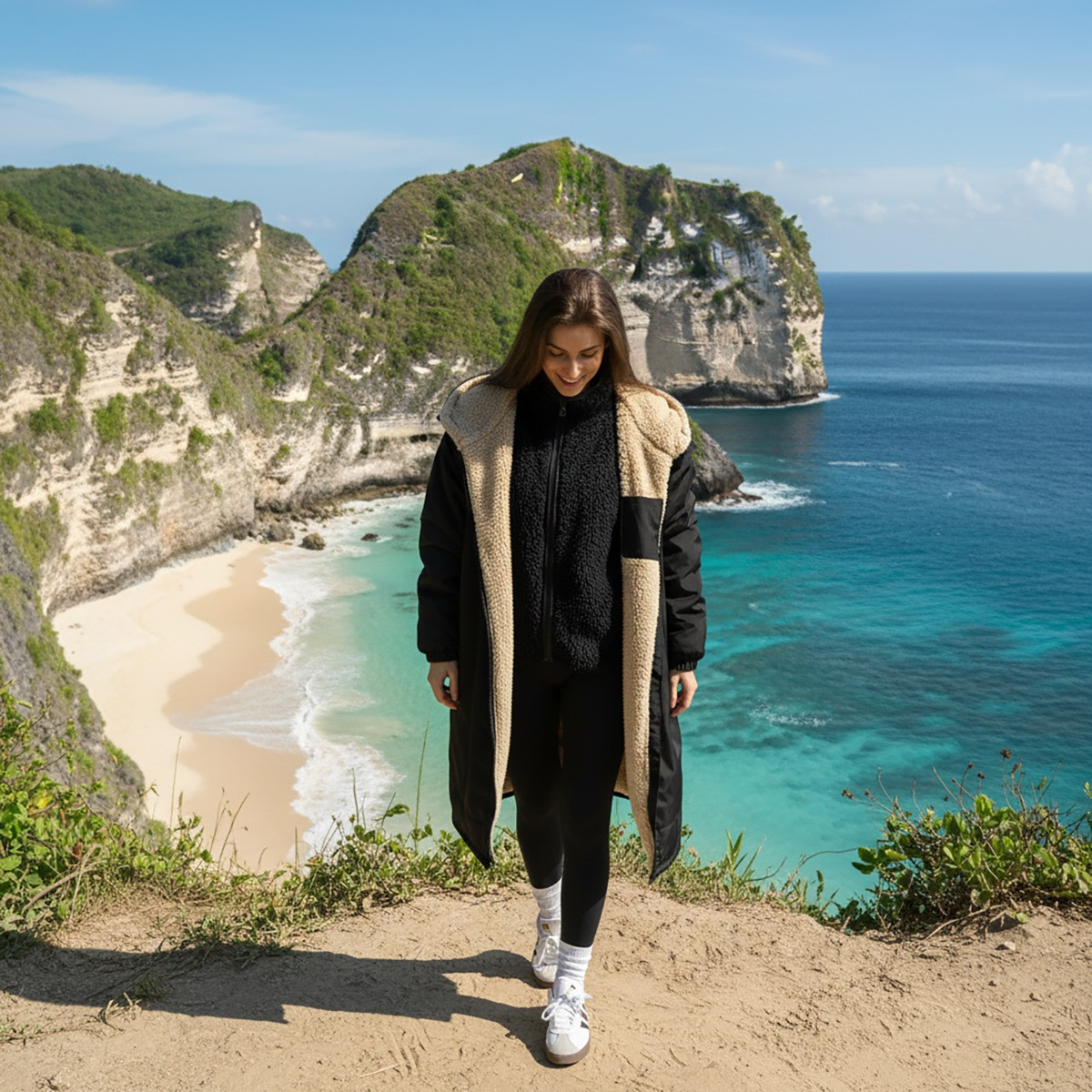 OHS Adults Water Resistant Sherpa Drying Robe - Black/Beige>