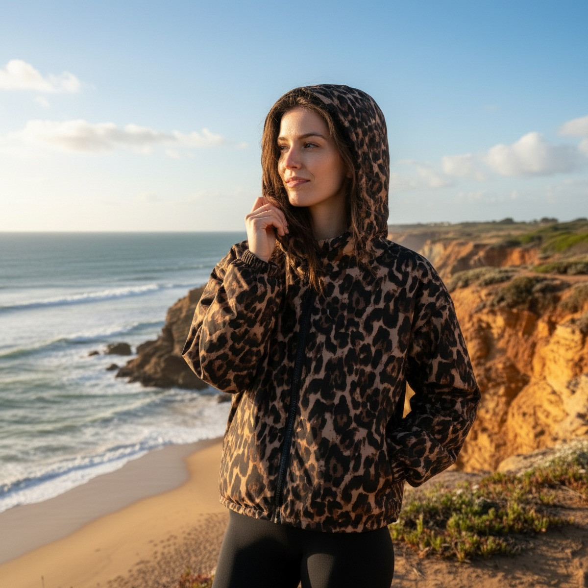 OHS Adults Water Resistant Leopard Print Sherpa Cropped Drying Robe - Natural>