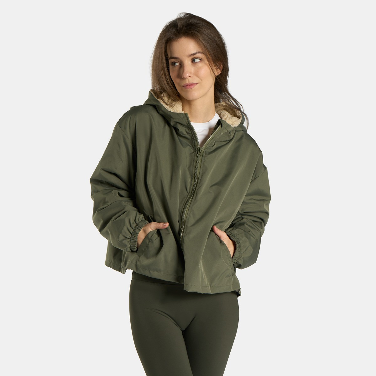 OHS Adults Water Resistant Sherpa Cropped Drying Robe - Khaki/Beige>