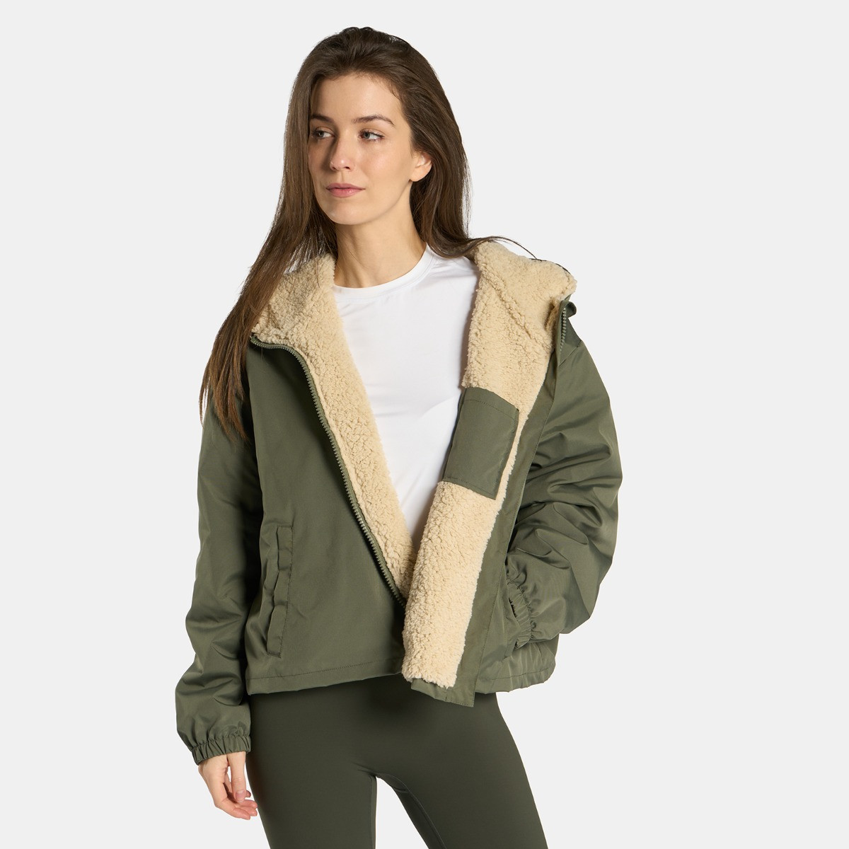 OHS Adults Water Resistant Sherpa Cropped Drying Robe - Khaki/Beige>