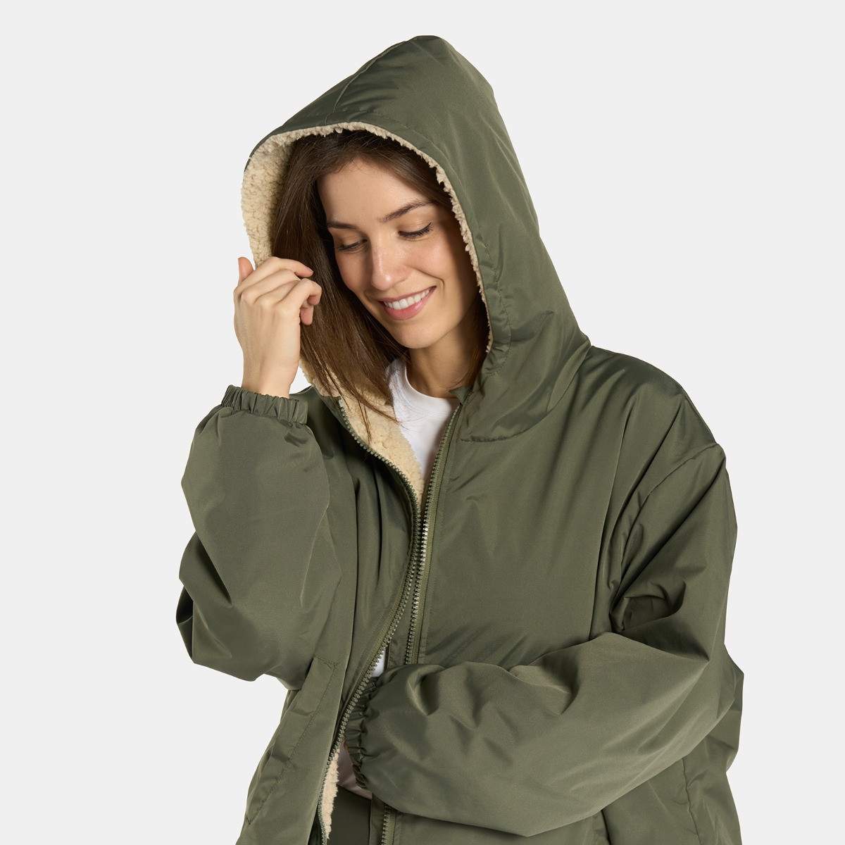 OHS Adults Water Resistant Sherpa Cropped Drying Robe, Khaki/Beige - Large/Extra Large>