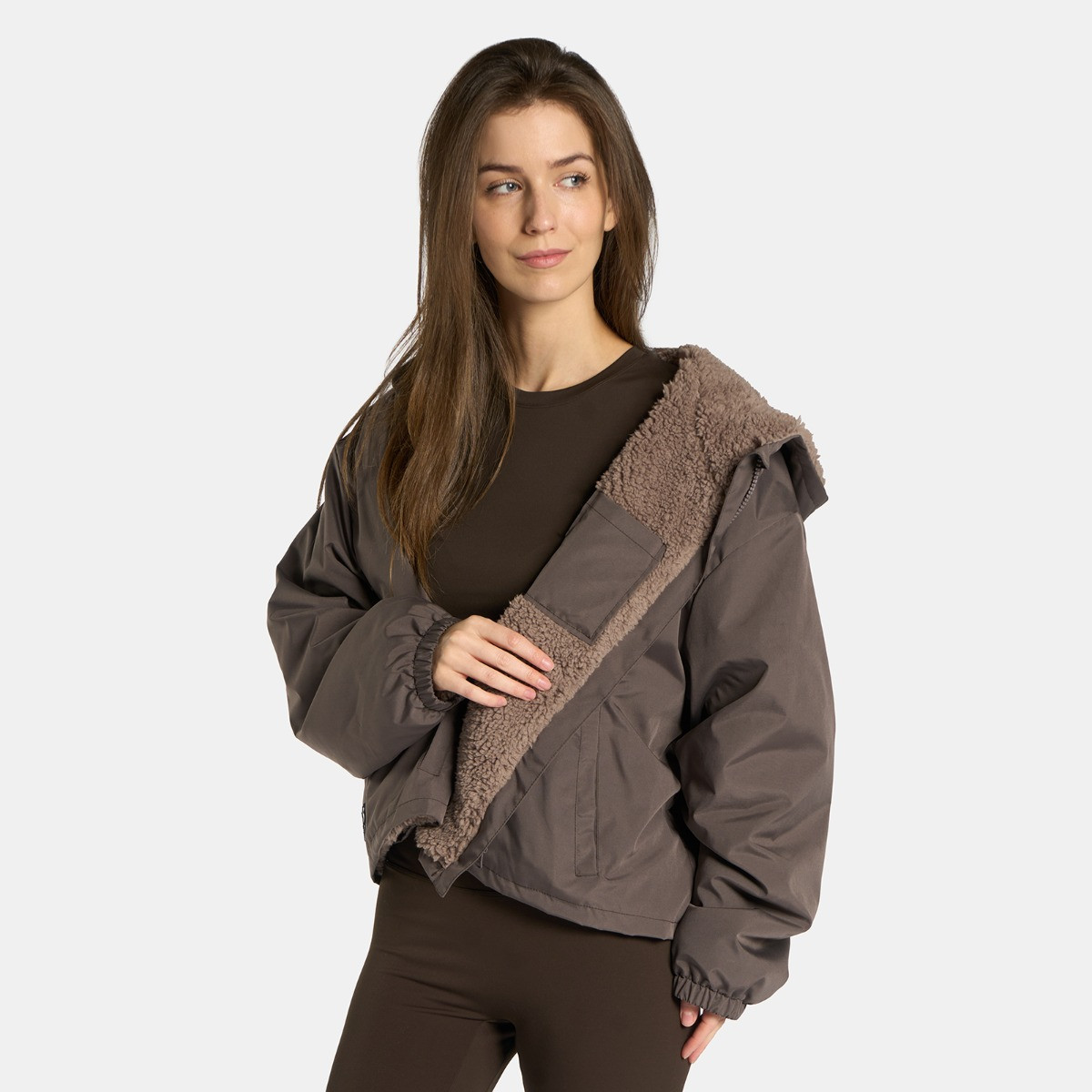 OHS Adults Water Resistant Sherpa Cropped Drying Robe - Brown>