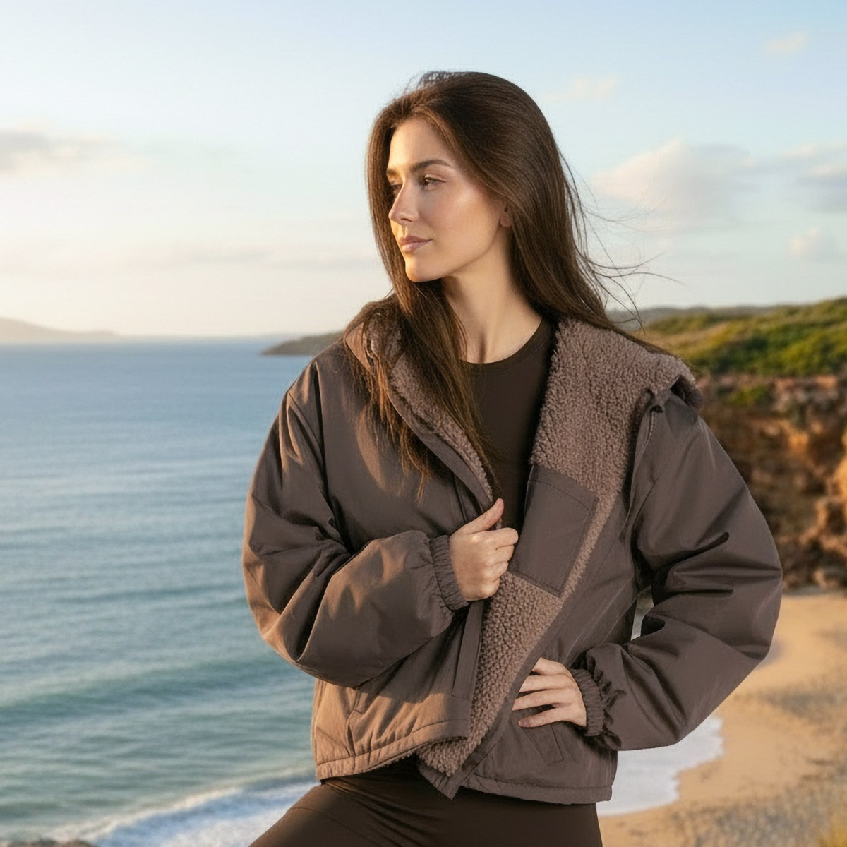 OHS Adults Water Resistant Sherpa Cropped Drying Robe - Brown>