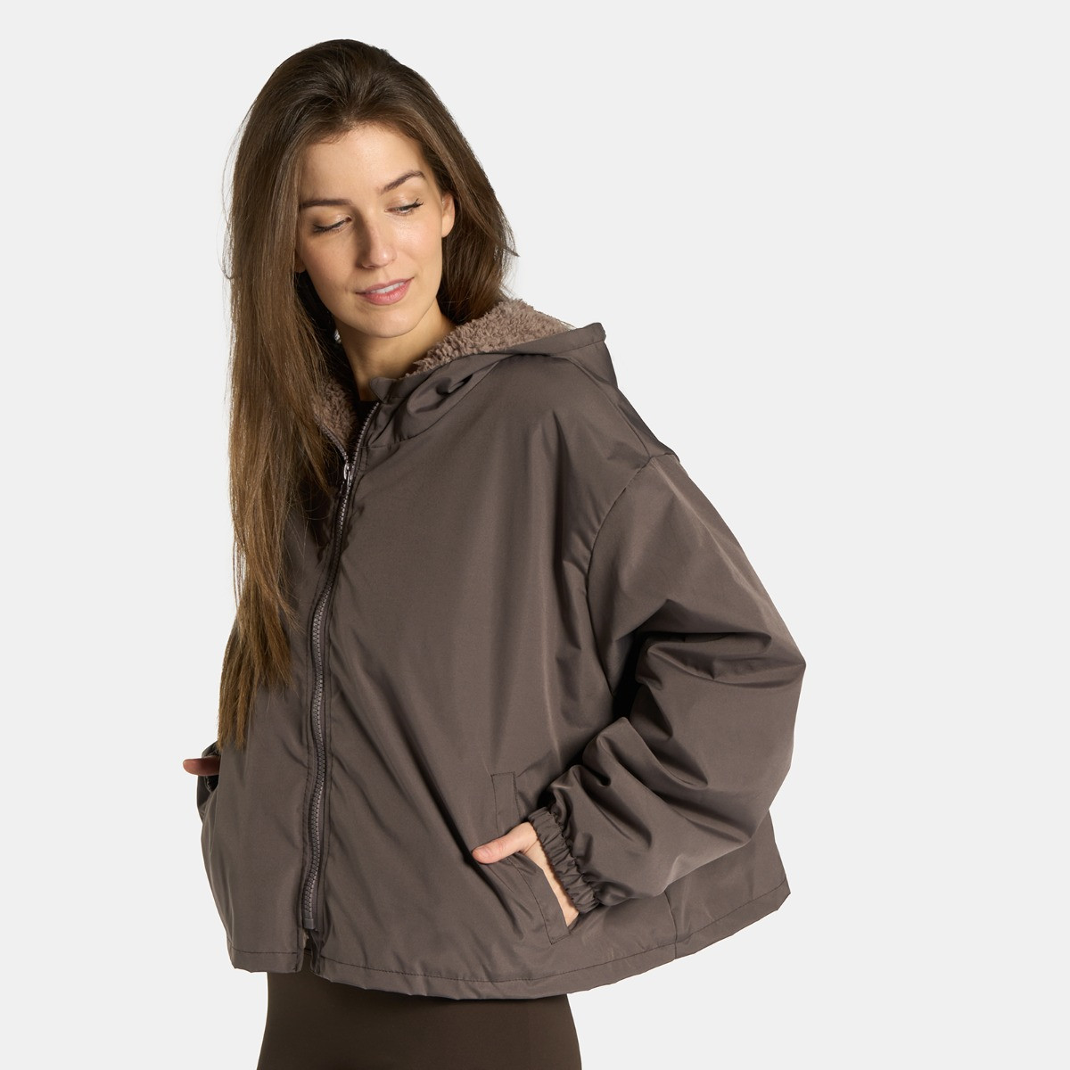 OHS Adults Water Resistant Sherpa Cropped Drying Robe - Brown>