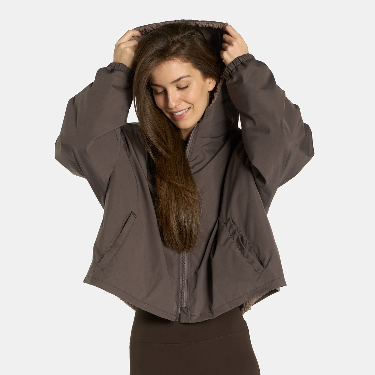 OHS Adults Water Resistant Sherpa Cropped Drying Robe - Brown>