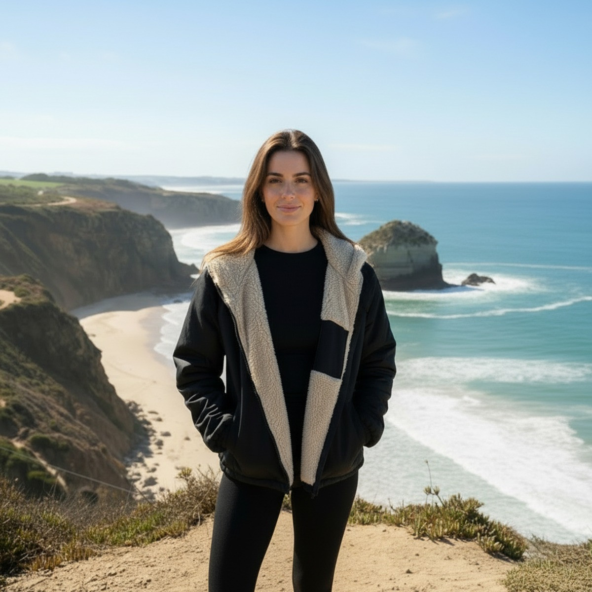 OHS Adults Water Resistant Sherpa Cropped Drying Robe - Black/Beige>