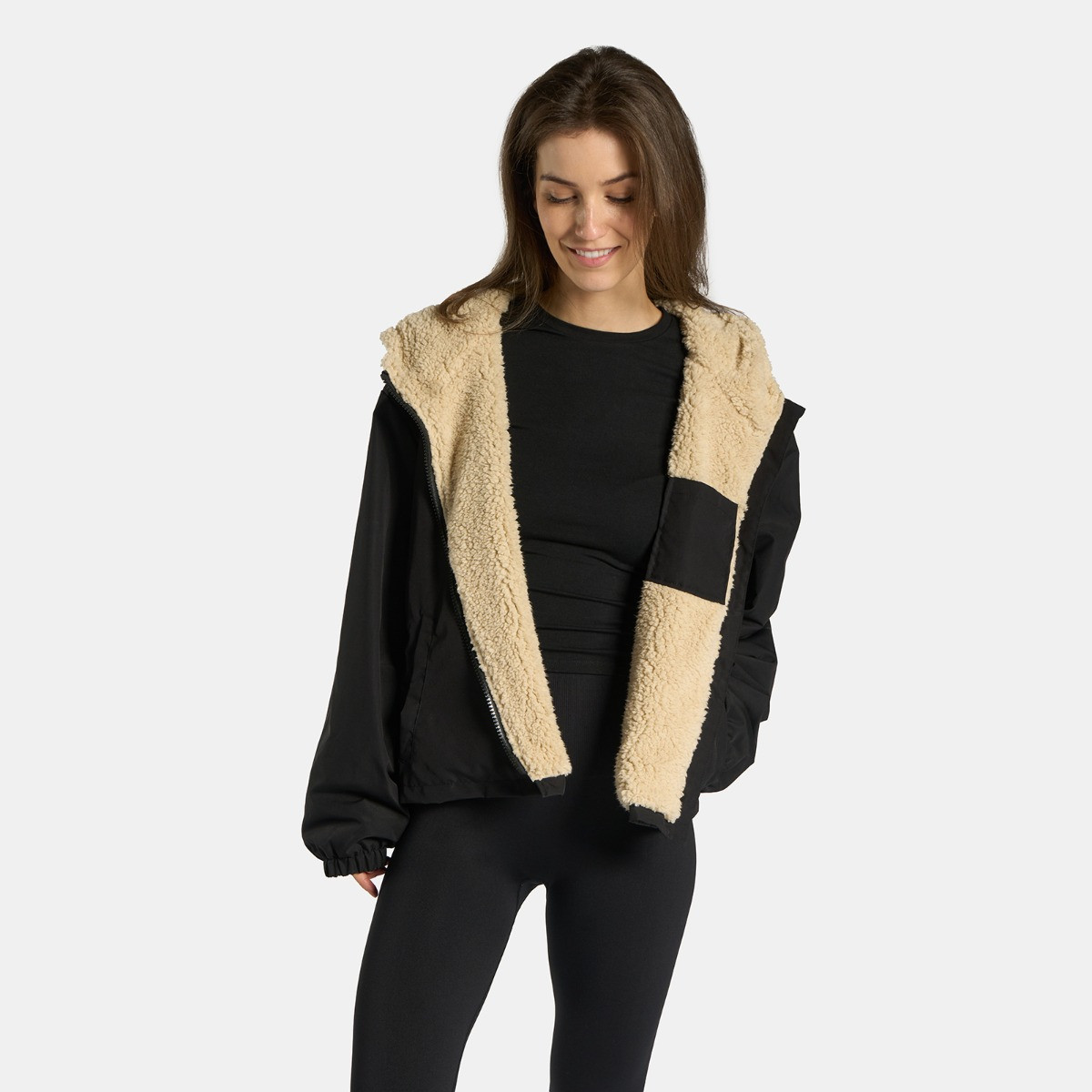 OHS Adults Water Resistant Sherpa Cropped Drying Robe, Black/Beige - Small/Medium>