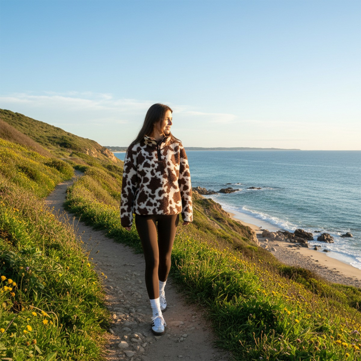 OHS Teddy Cow Print Half Zip Fleece - Natural>