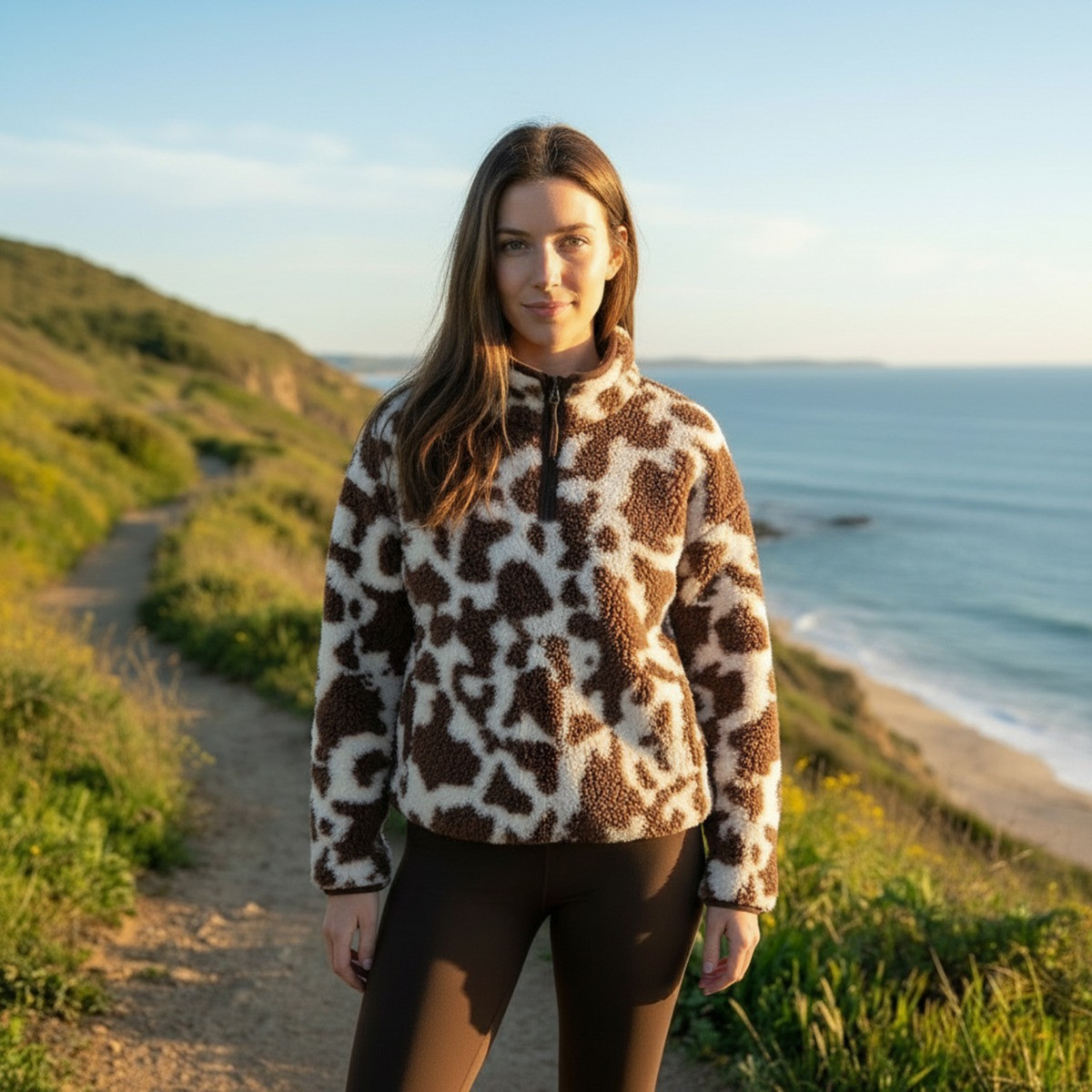 OHS Teddy Cow Print Half Zip Fleece - Natural>