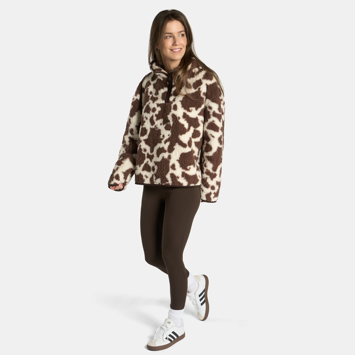OHS Teddy Cow Print Half Zip Fleece - Natural>