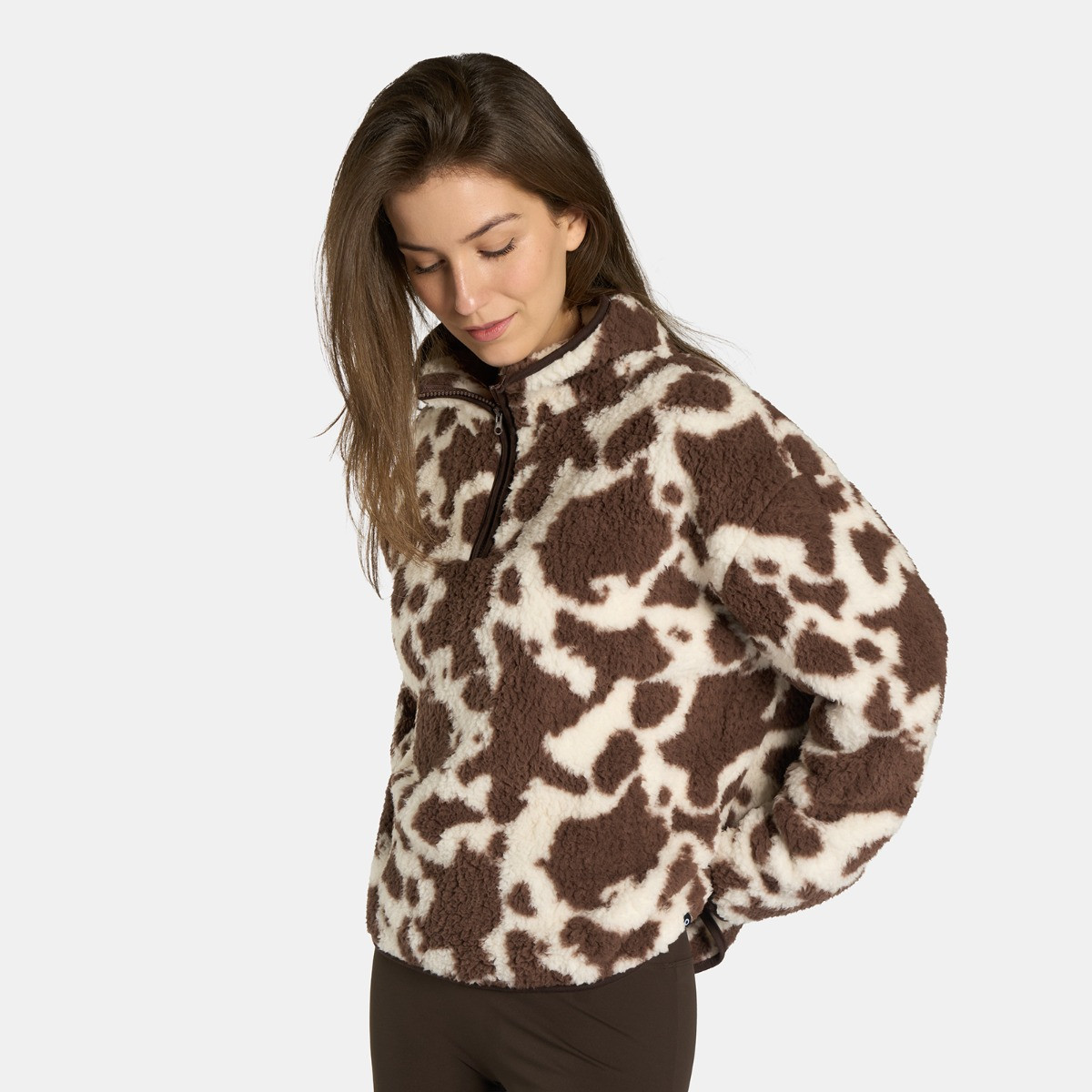 OHS Teddy Cow Print Half Zip Fleece - Natural>