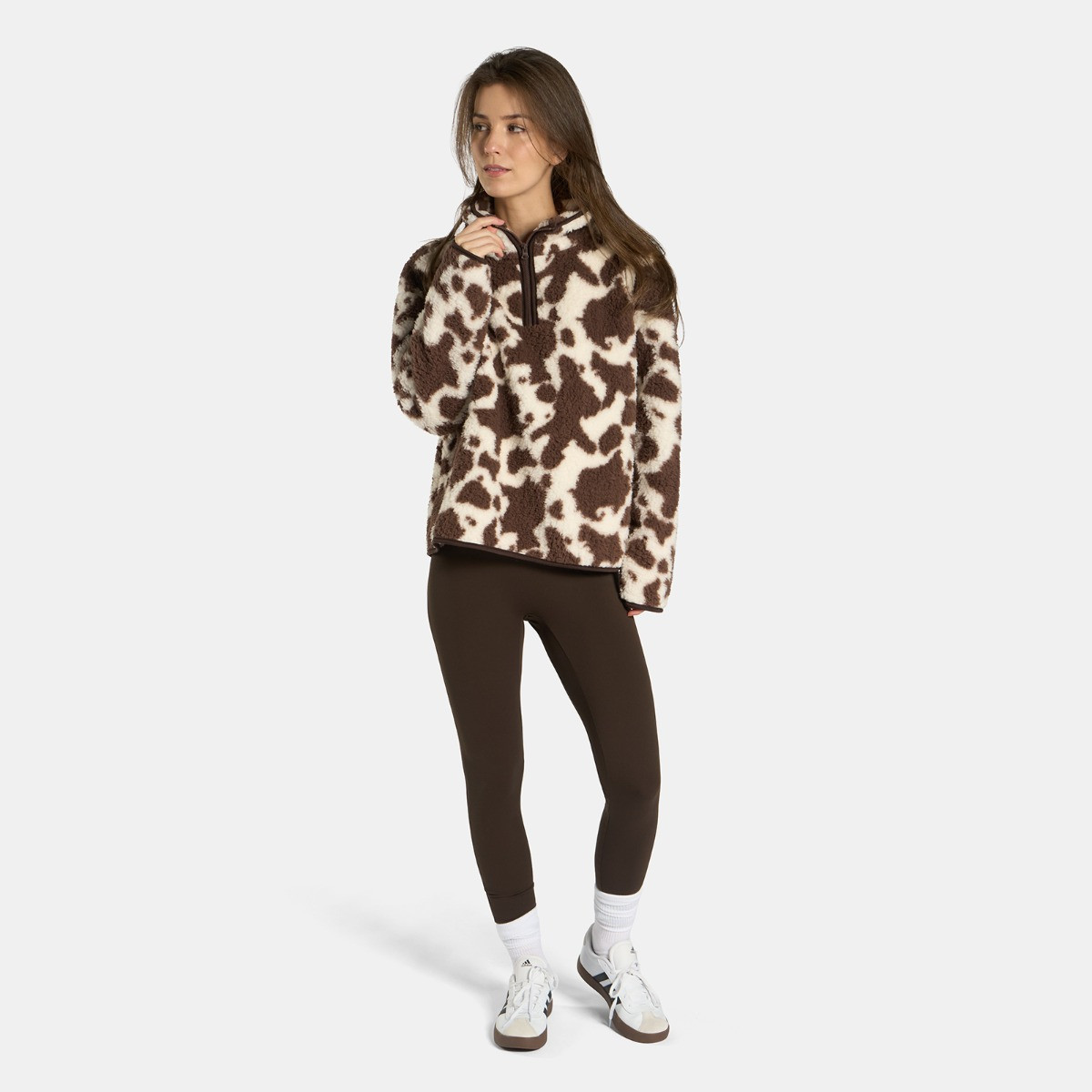 OHS Teddy Cow Print Half Zip Fleece - Natural>