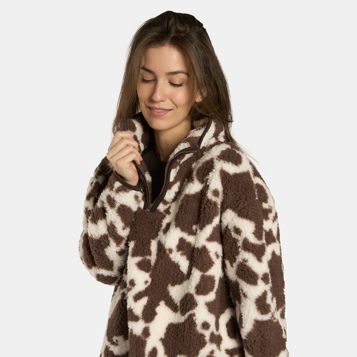 OHS Teddy Cow Print Half Zip Fleece - Natural>