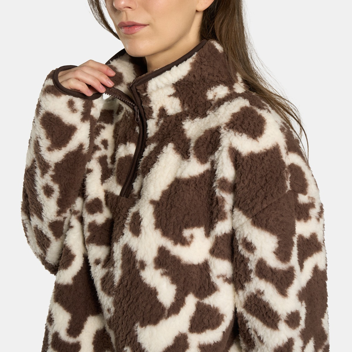 OHS Teddy Cow Print Half Zip Fleece - Natural>