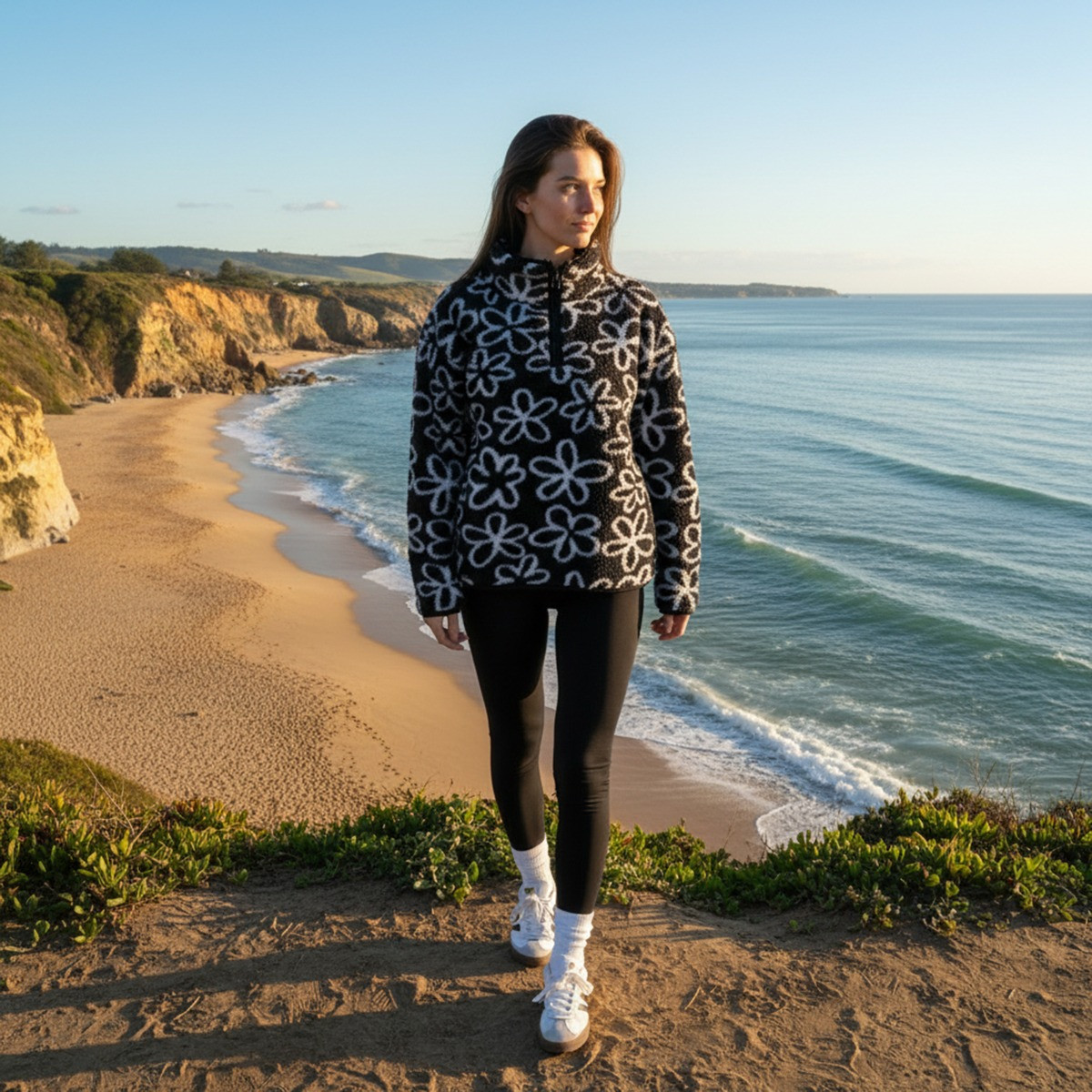 OHS Teddy Flower Print Half Zip Fleece, Monochrome - Large/Extra Large>