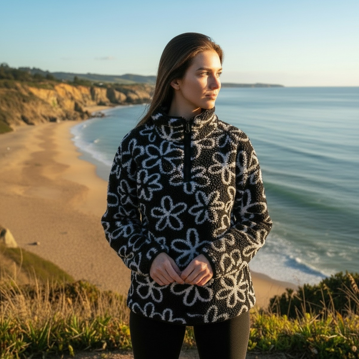 OHS Teddy Flower Print Half Zip Fleece, Monochrome - Large/Extra Large>