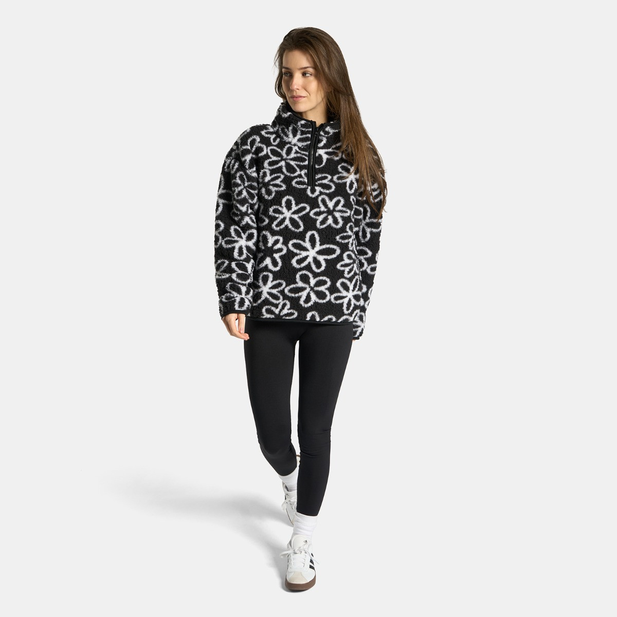 OHS Teddy Flower Print Half Zip Fleece, Monochrome - Large/Extra Large>