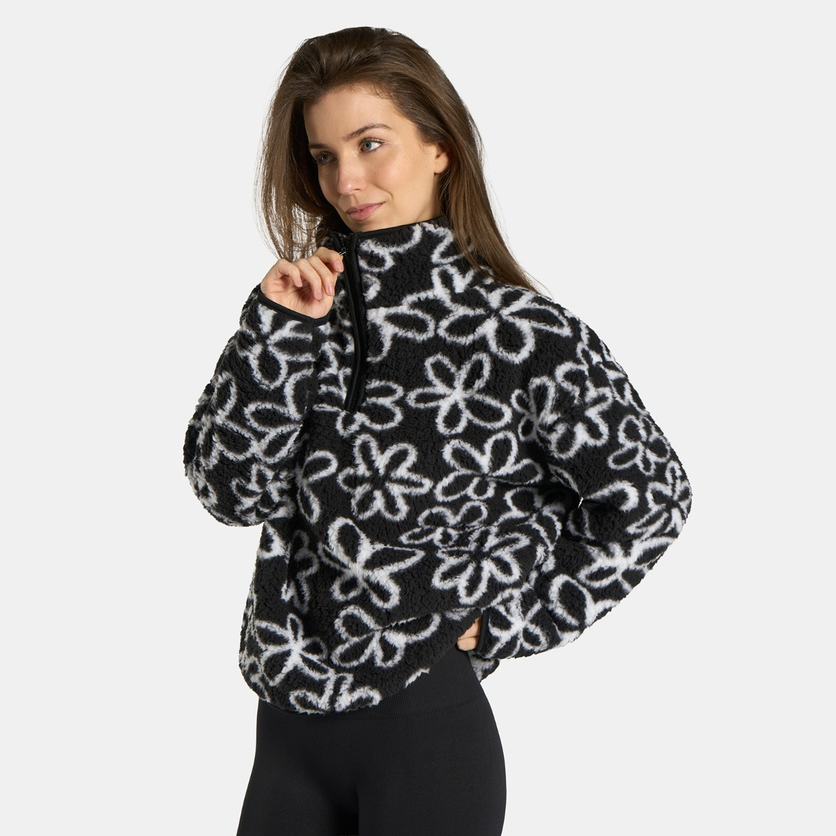 OHS Teddy Flower Print Half Zip Fleece, Monochrome - Large/Extra Large>