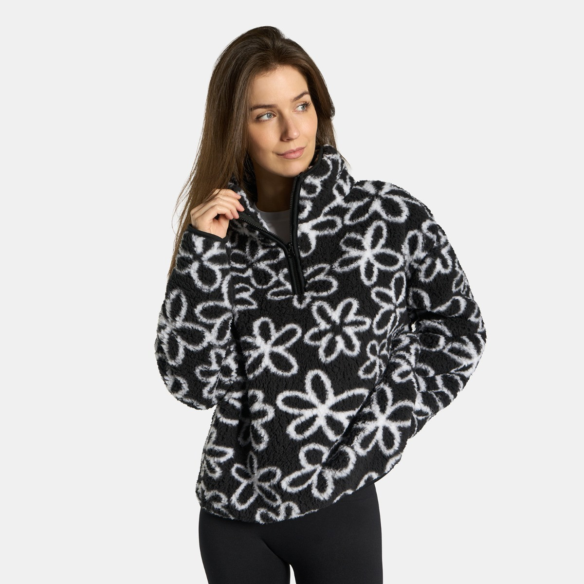 OHS Teddy Flower Print Half Zip Fleece, Monochrome - Large/Extra Large>