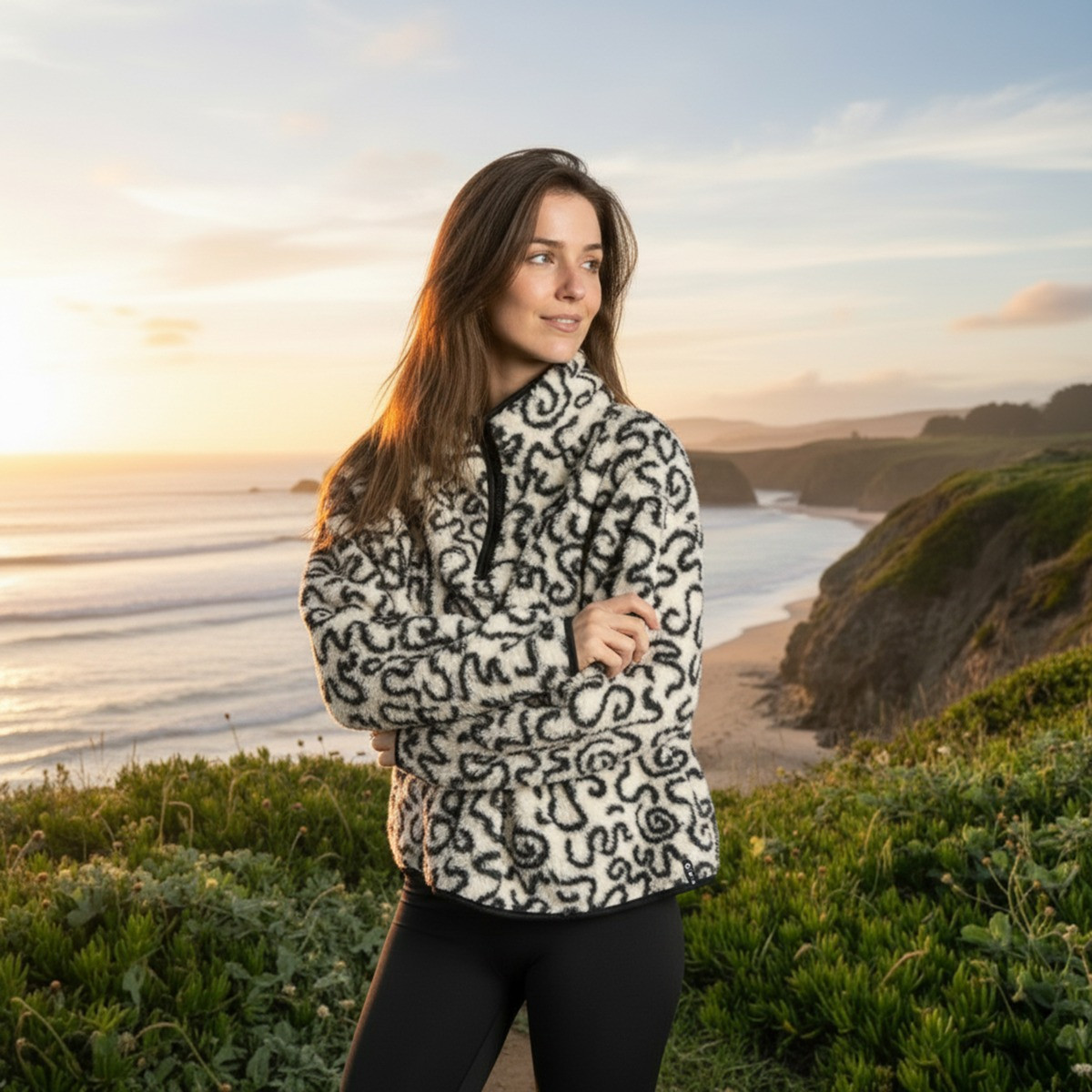 OHS Teddy Squiggle Print Half Zip Fleece - Monochrome>