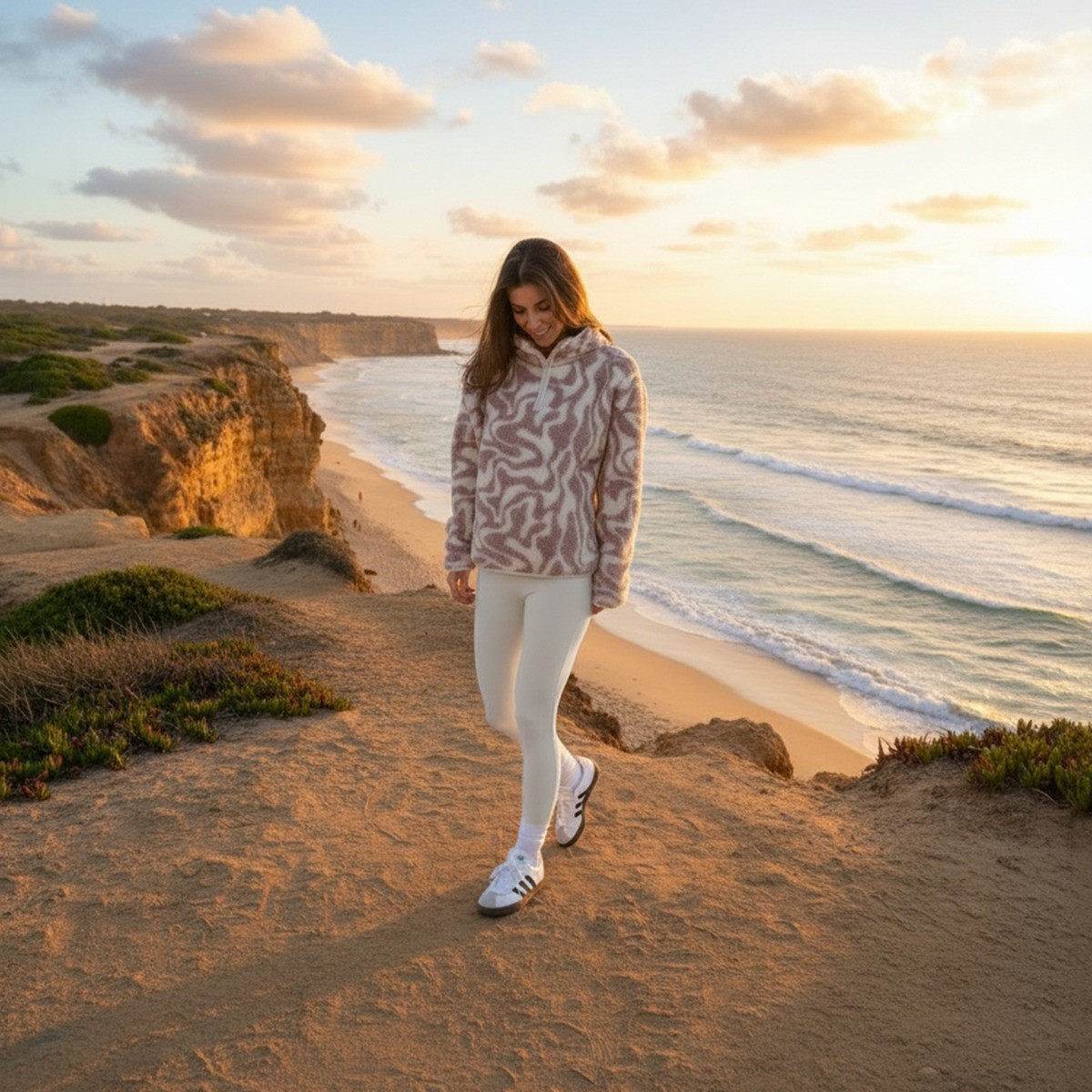 OHS Teddy Swirl Print Half Zip Fleece - Beige>