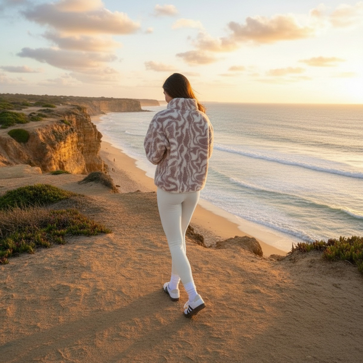 OHS Teddy Swirl Print Half Zip Fleece - Beige>