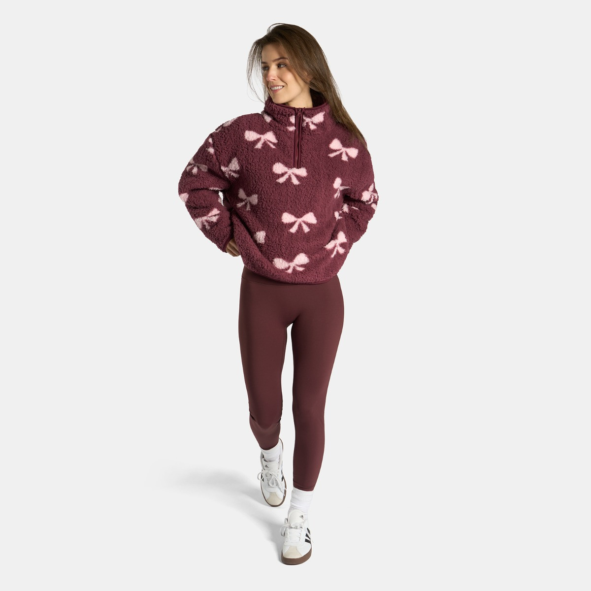 OHS Teddy Bow Print Half Zip Fleece - Burgundy>