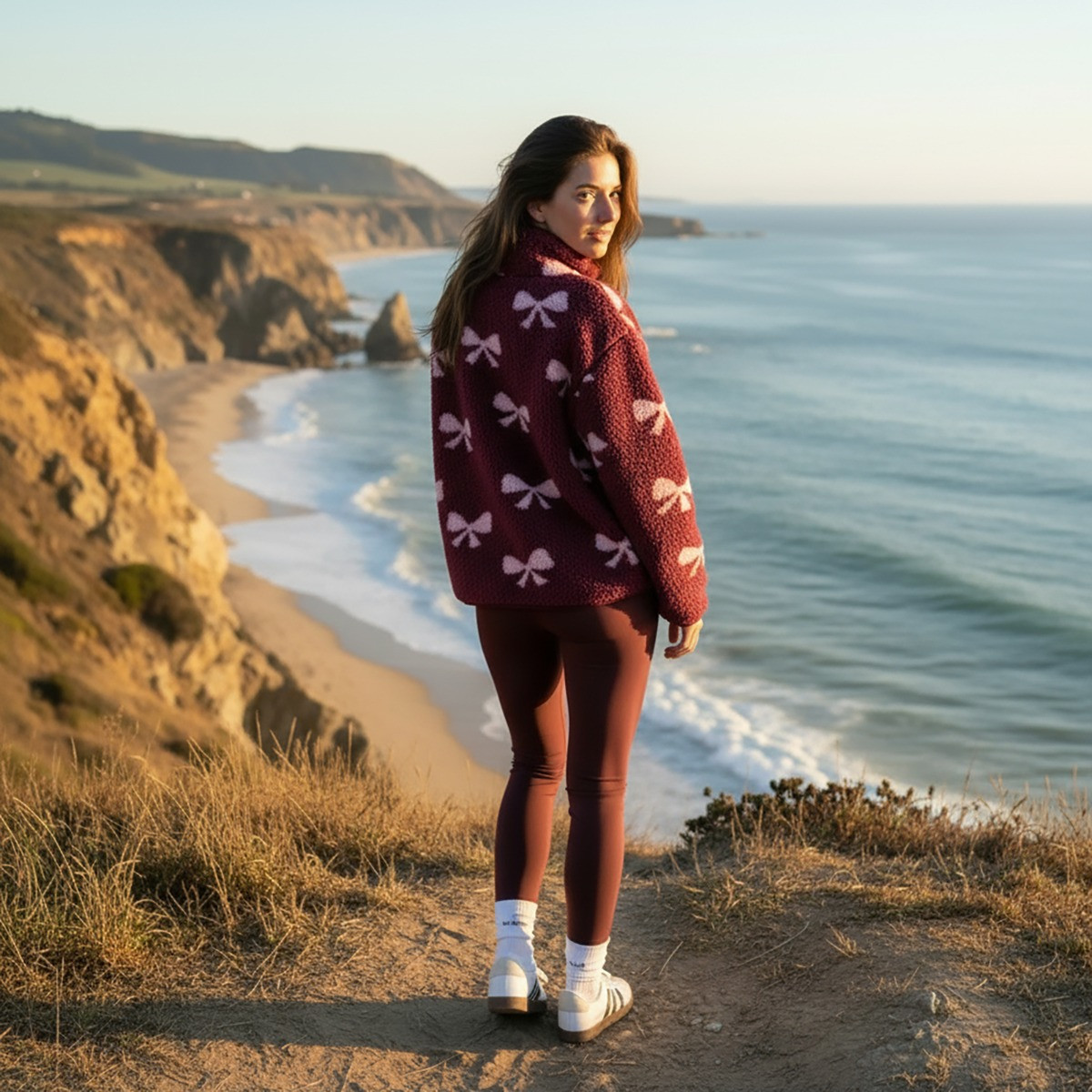 OHS Teddy Bow Print Half Zip Fleece - Burgundy>