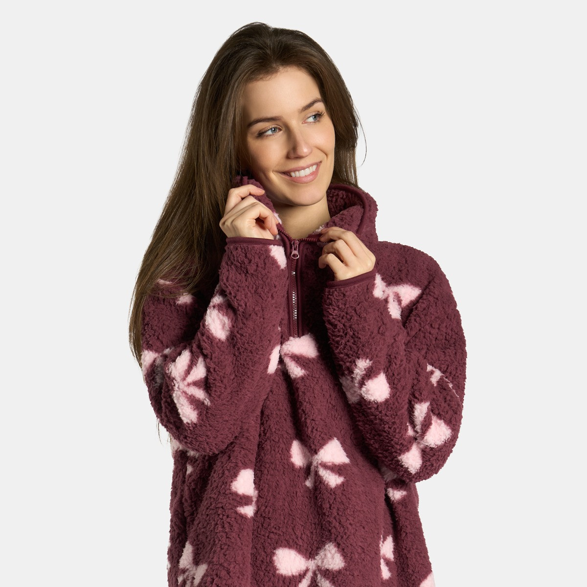 OHS Teddy Bow Print Half Zip Fleece - Burgundy>