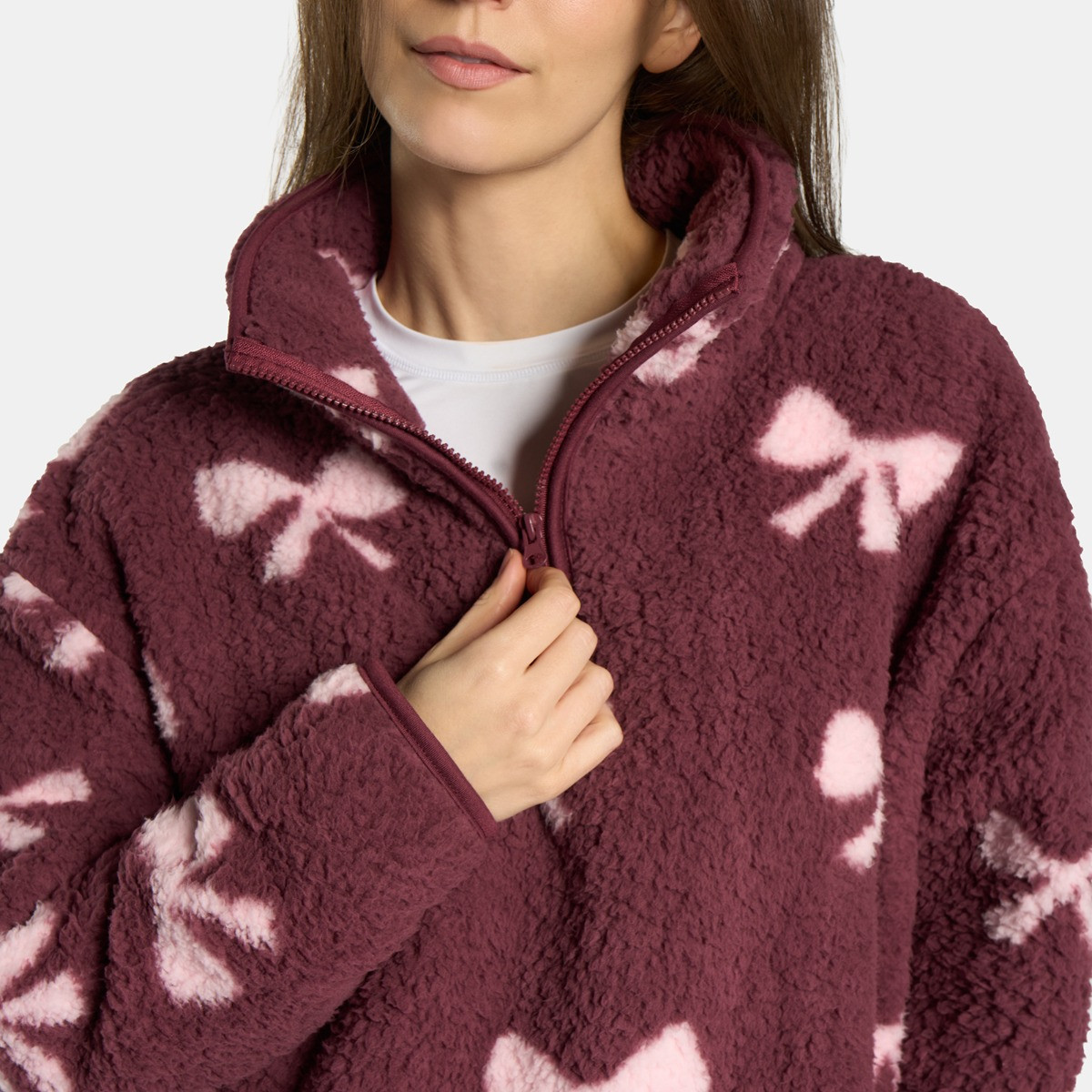 OHS Teddy Bow Print Half Zip Fleece - Burgundy>