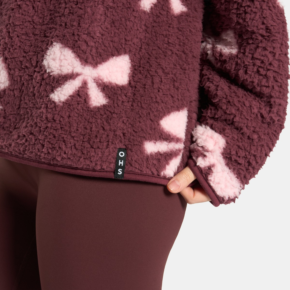 OHS Teddy Bow Print Half Zip Fleece - Burgundy>