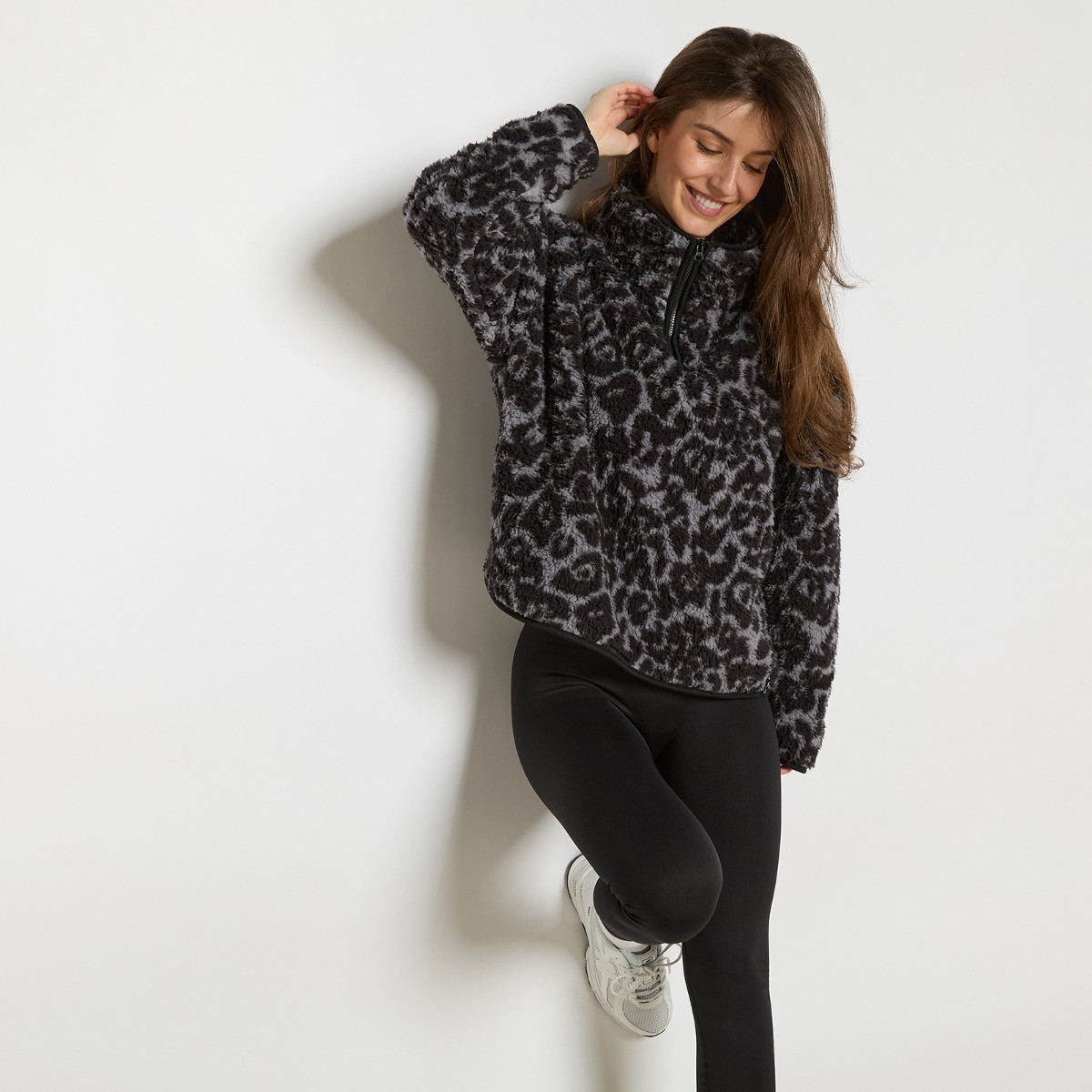 OHS Teddy Leopard Print Half Zip Fleece, Charcoal - Small/Medium>