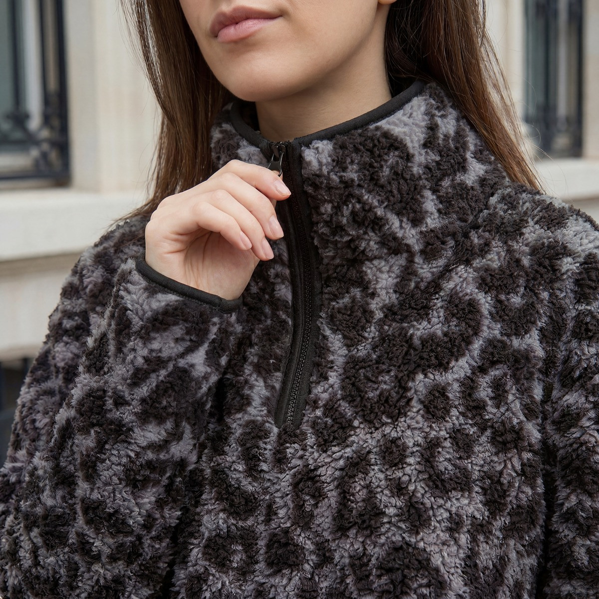 OHS Teddy Leopard Print Half Zip Fleece, Charcoal - Large/Extra Large>