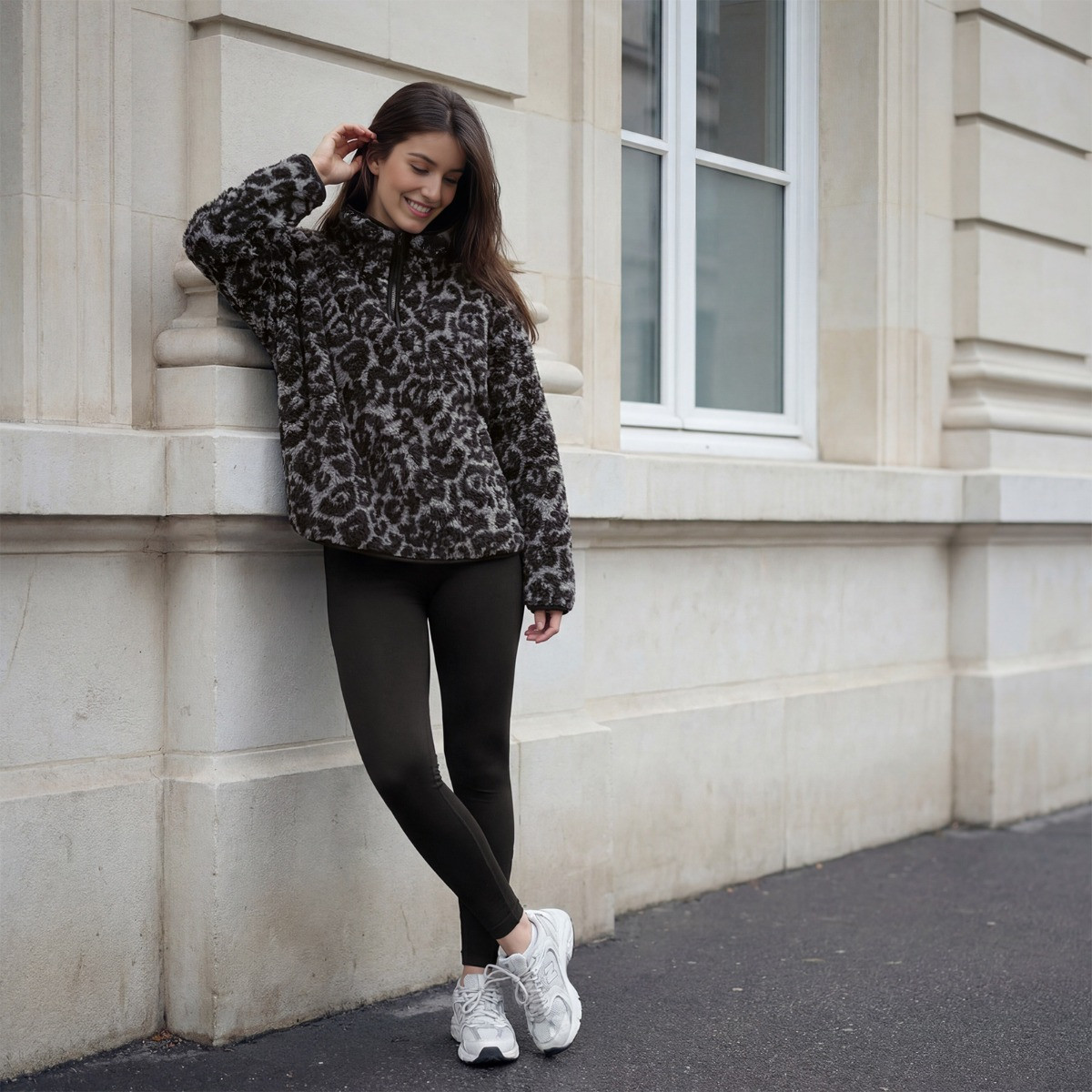 OHS Teddy Leopard Print Half Zip Fleece, Charcoal - Large/Extra Large>