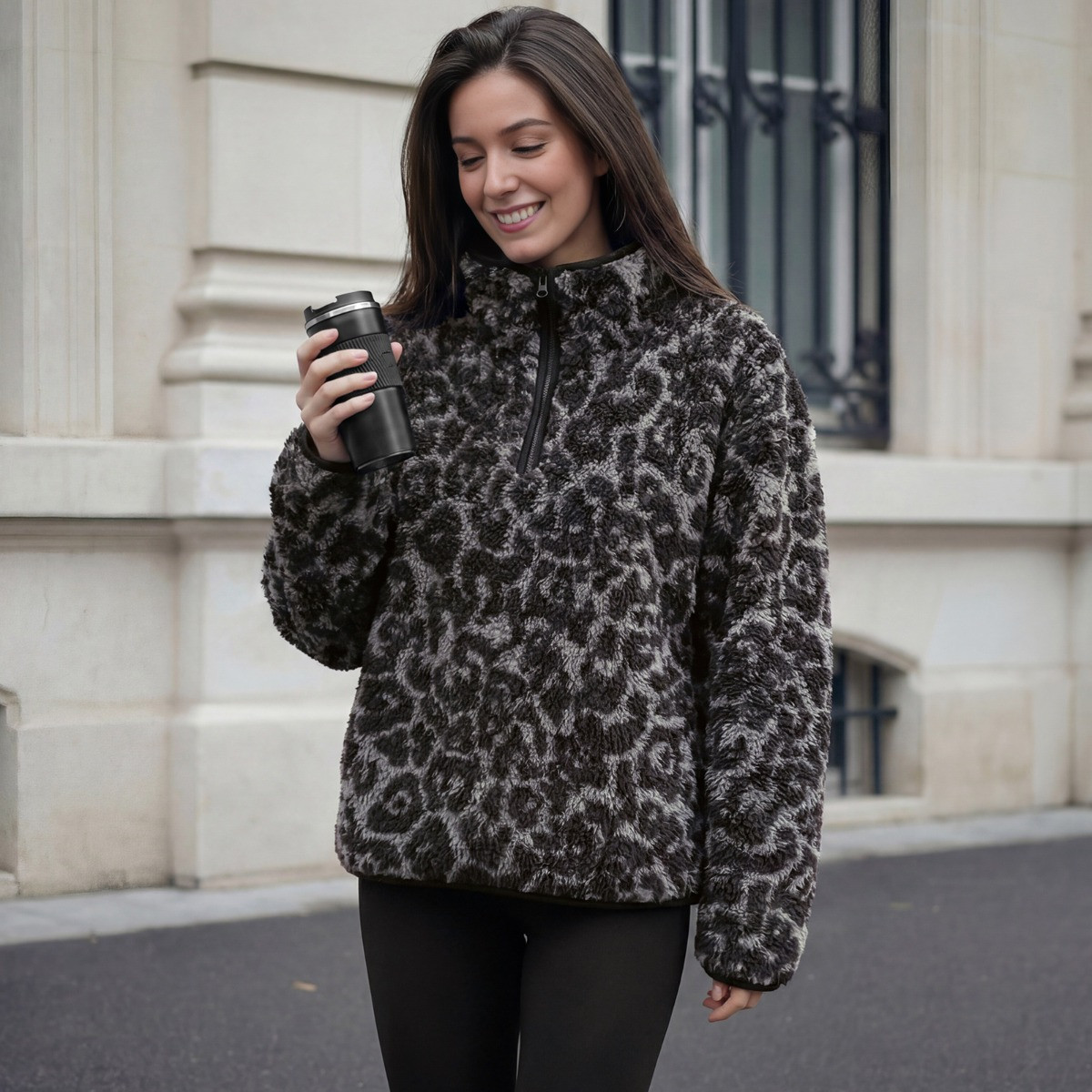 OHS Teddy Leopard Print Half Zip Fleece - Charcoal>