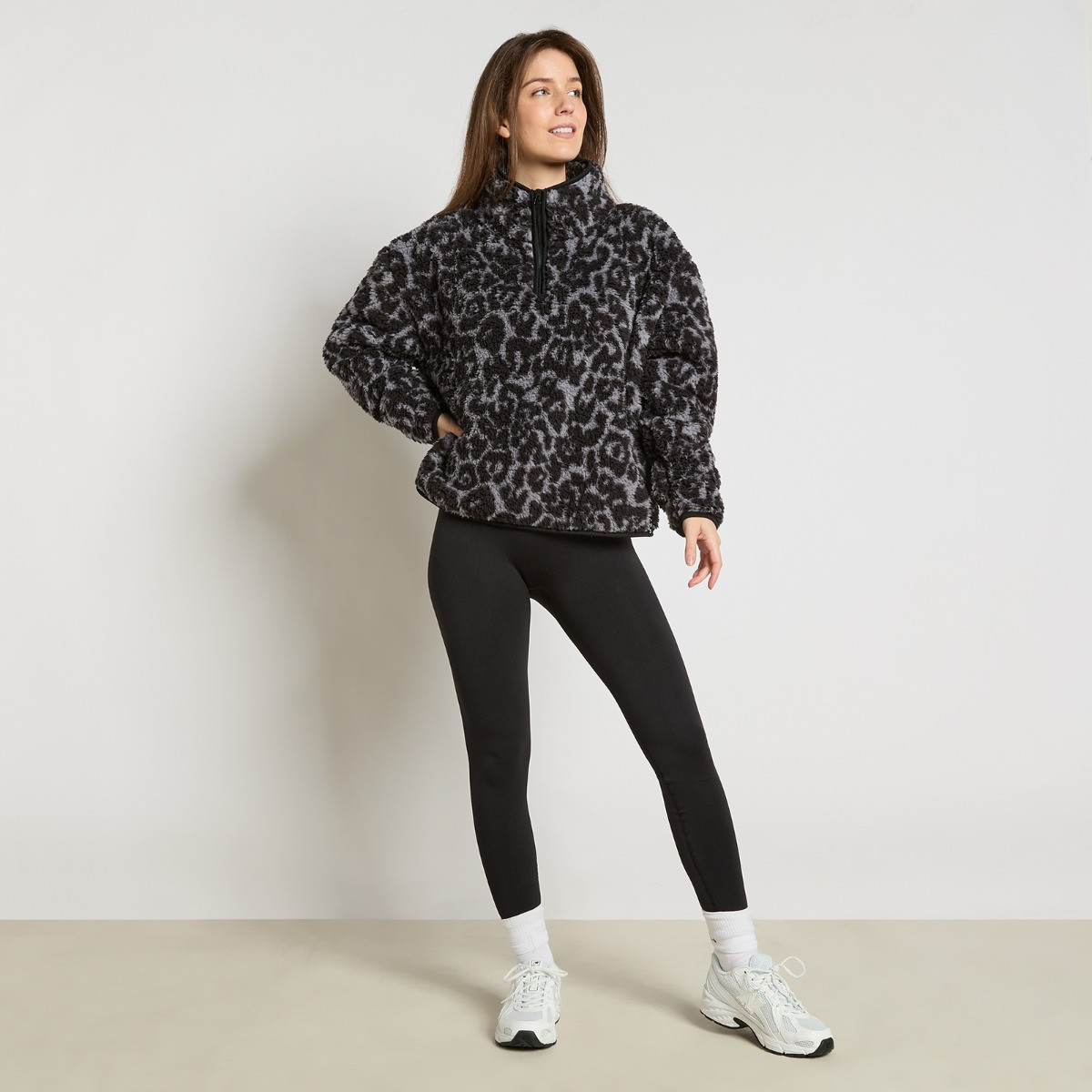 OHS Teddy Leopard Print Half Zip Fleece, Charcoal - Large/Extra Large>